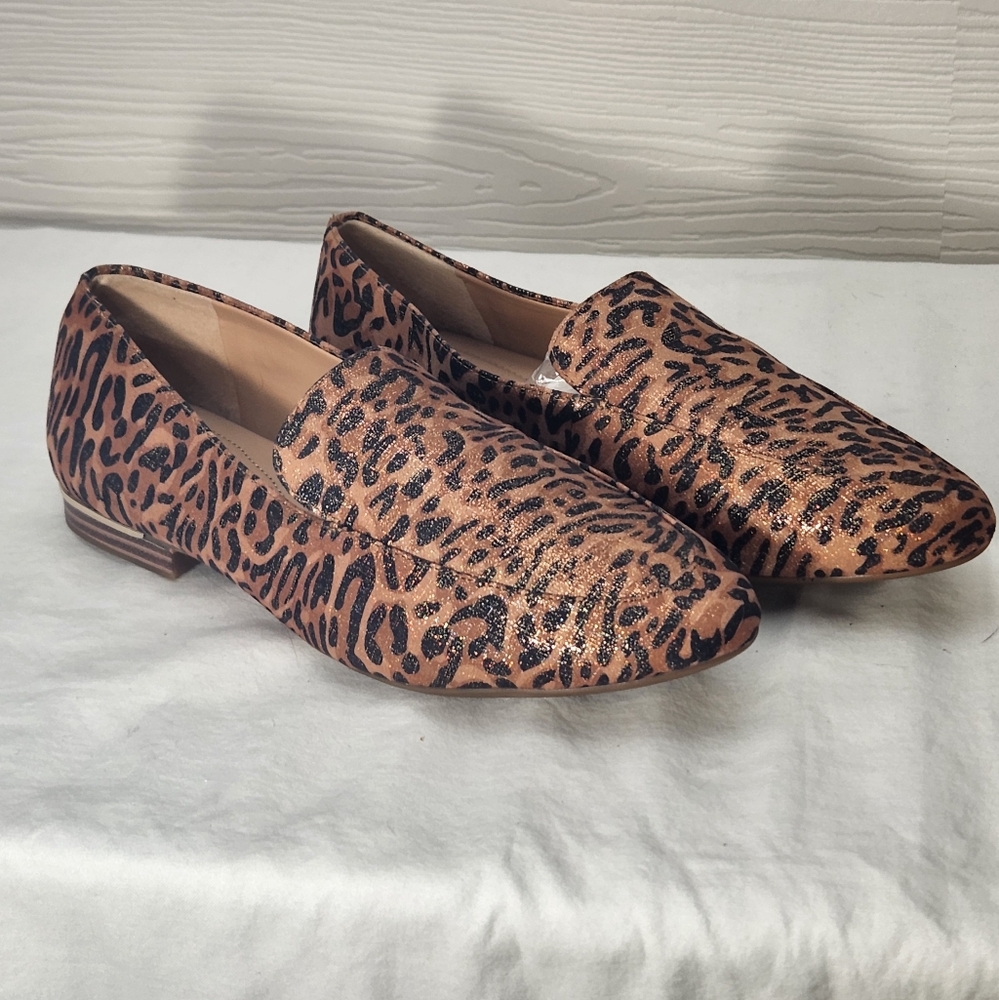 Alex Marie Barton New Gold Metallic Leopard Print Comfort Flat Loafers Sz 8 Cork - Picture 6 of 11